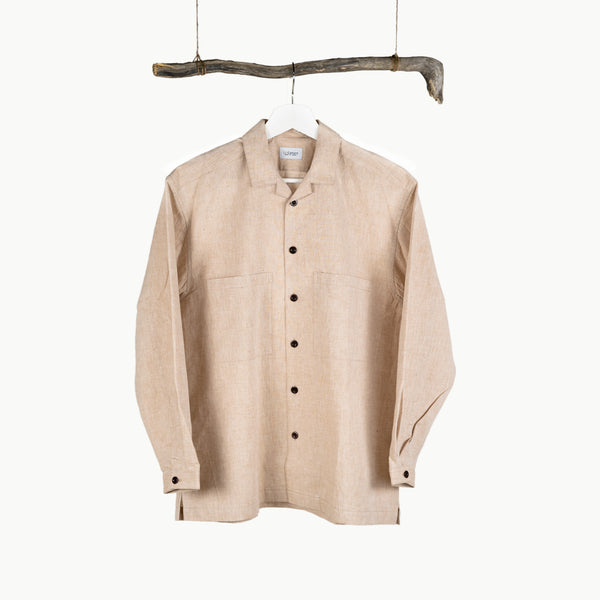 OPEN COLLAR SHIRT - NATURAL BROWN COTTON