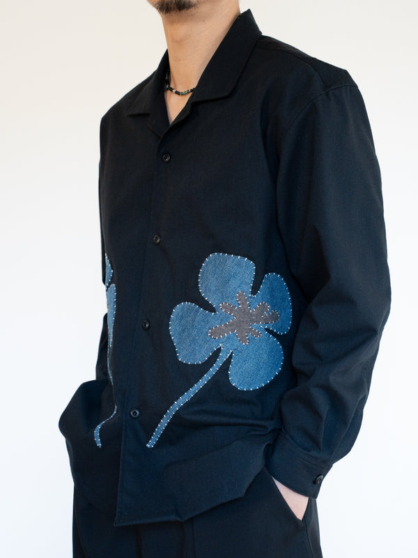 Handmade Sashiko Shirt with Clover Motif 008