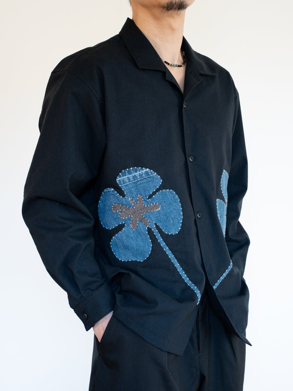 Handmade Sashiko Shirt with Clover Motif 008