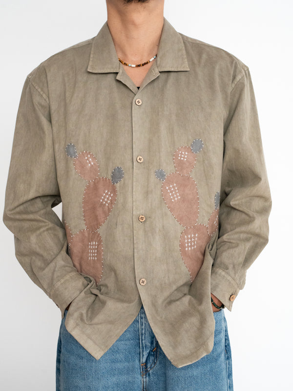 Hand-stitched Sashiko Shirt with Cactus Motif No.012