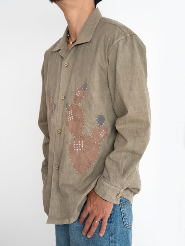 Hand-stitched Sashiko Shirt with Cactus Motif No.012