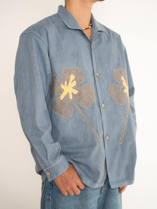 Hand-stitched Sashiko Shirt with Clover Motif No.011