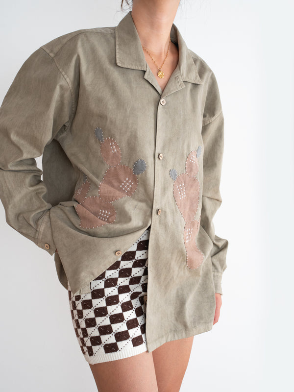 Hand-stitched Sashiko Shirt with Cactus Motif No.012