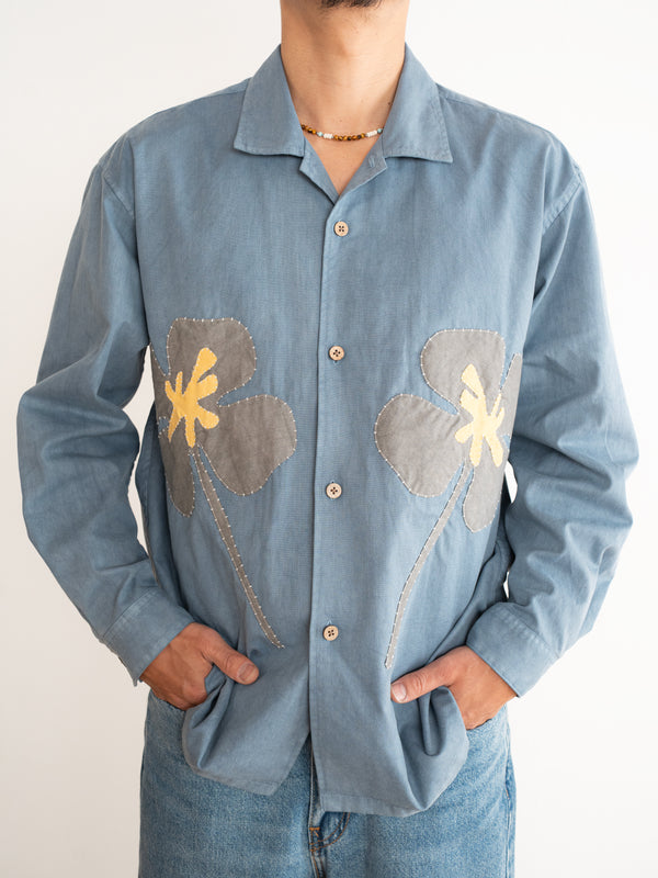Hand-stitched Sashiko Shirt with Clover Motif No.011