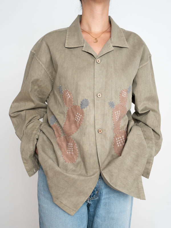 Hand-stitched Sashiko Shirt with Cactus Motif No.012