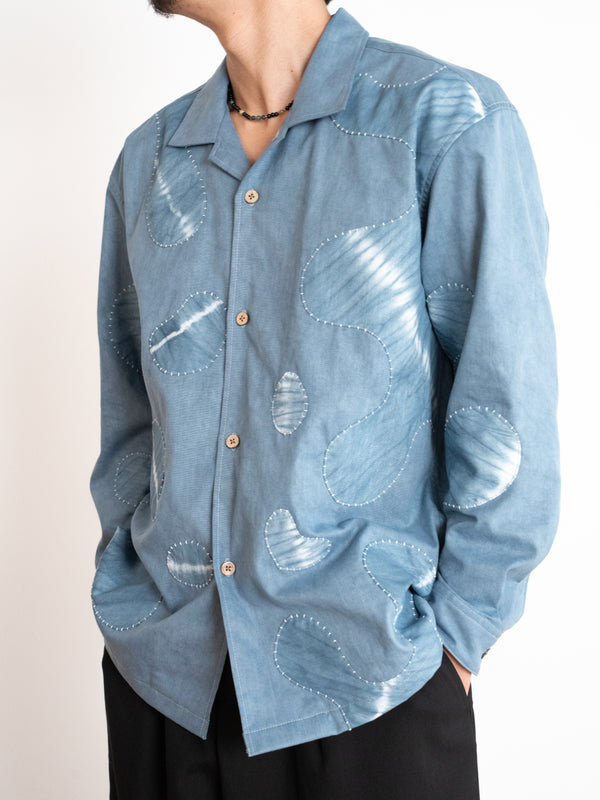 Hand-stitched Sashiko Shirt, Wave Motif No. 016