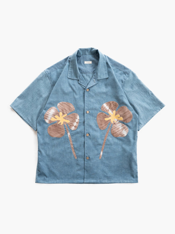 Hand-stitched Sashiko Aloha Shirt with Clover Motif No.019