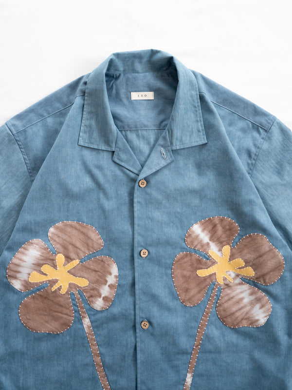 Hand-stitched Sashiko Aloha Shirt with Clover Motif No.019