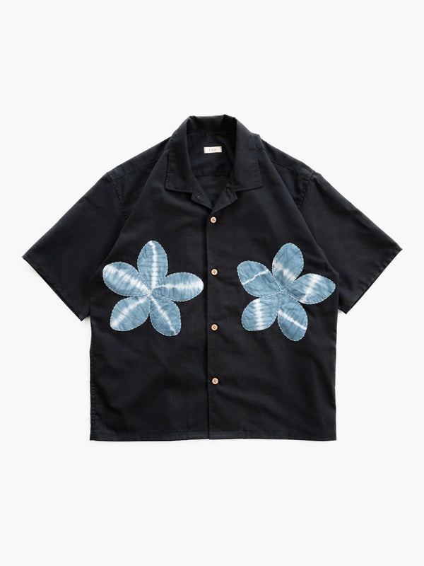 Hand-stitched Sashiko Aloha Shirt with Plumeria Motif No.017