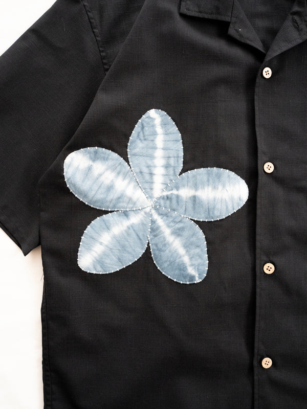 Hand-stitched Sashiko Aloha Shirt with Plumeria Motif No.017