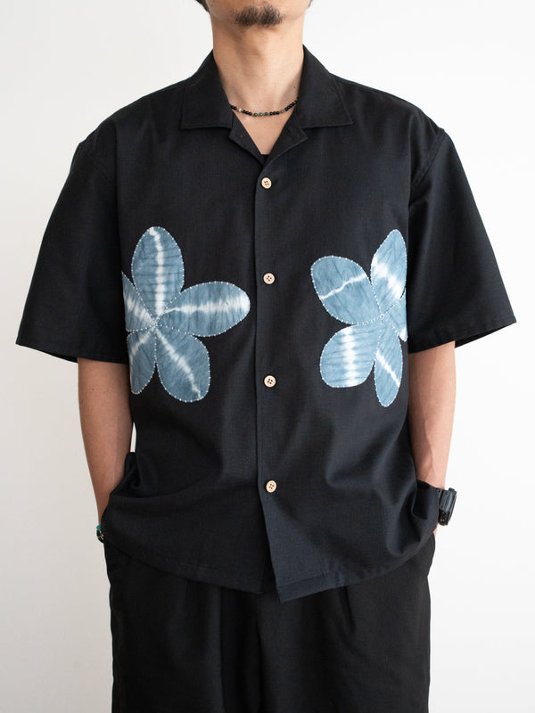 Hand-stitched Sashiko Aloha Shirt with Plumeria Motif No.017