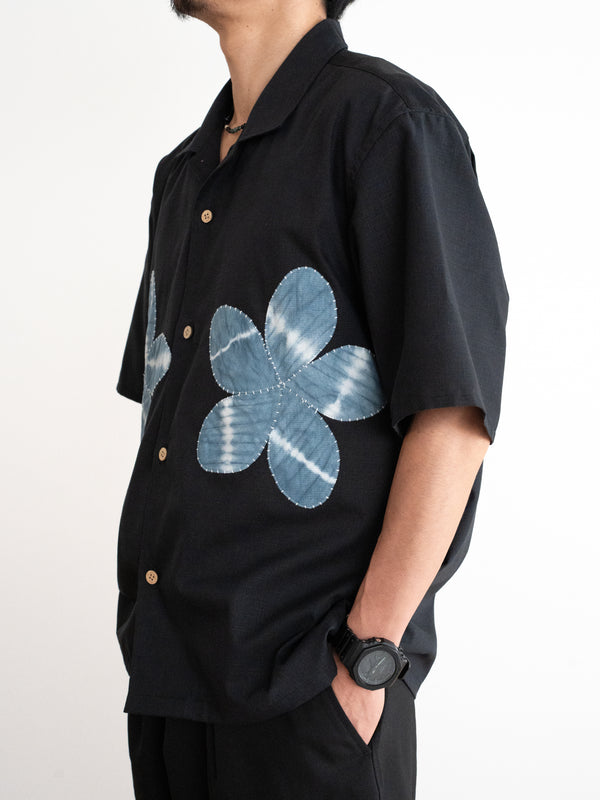 Hand-stitched Sashiko Aloha Shirt with Plumeria Motif No.017
