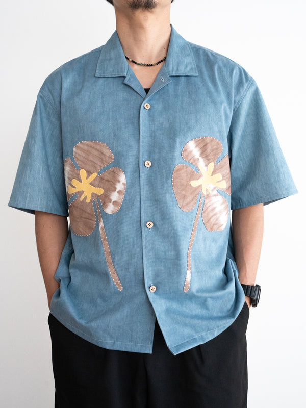 Hand-stitched Sashiko Aloha Shirt with Clover Motif No.019