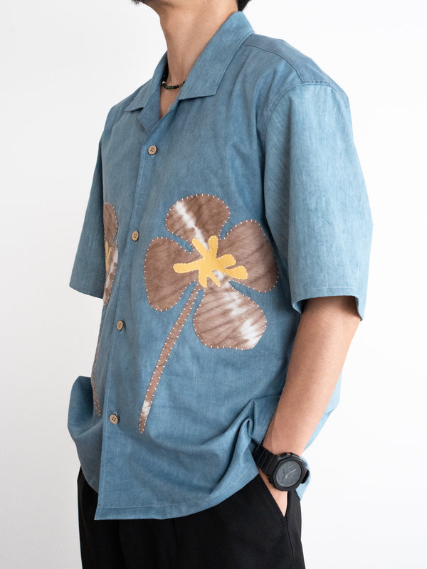 Hand-stitched Sashiko Aloha Shirt with Clover Motif No.019