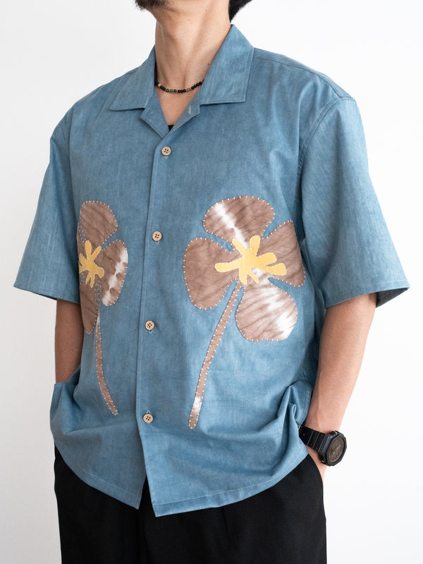 Hand-stitched Sashiko Aloha Shirt with Clover Motif No.019