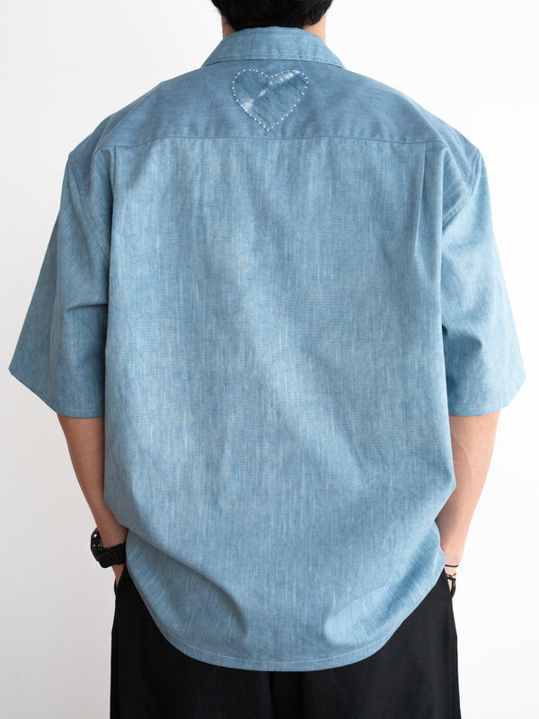 Hand-stitched Sashiko Aloha Shirt with Clover Motif No.019