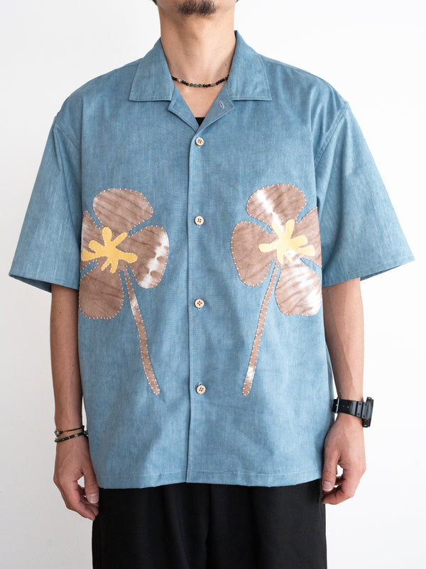Hand-stitched Sashiko Aloha Shirt with Clover Motif No.019