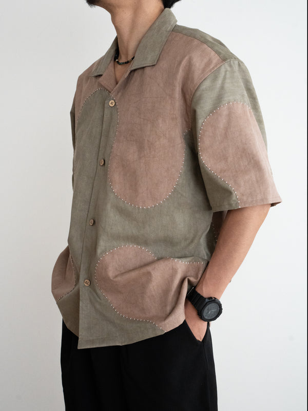 Hand-stitched Sashiko  Aloha Shirt with Wave Motif No.018