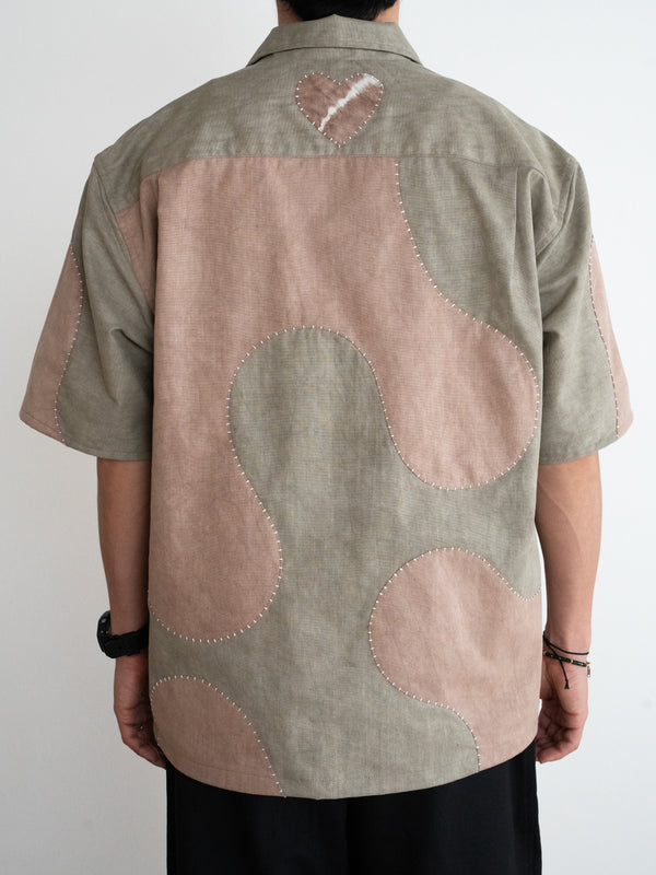 Hand-stitched Sashiko  Aloha Shirt with Wave Motif No.018