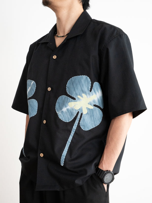 Hand-stitched Sashiko  Aloha Shirt with Clover Motif No.022