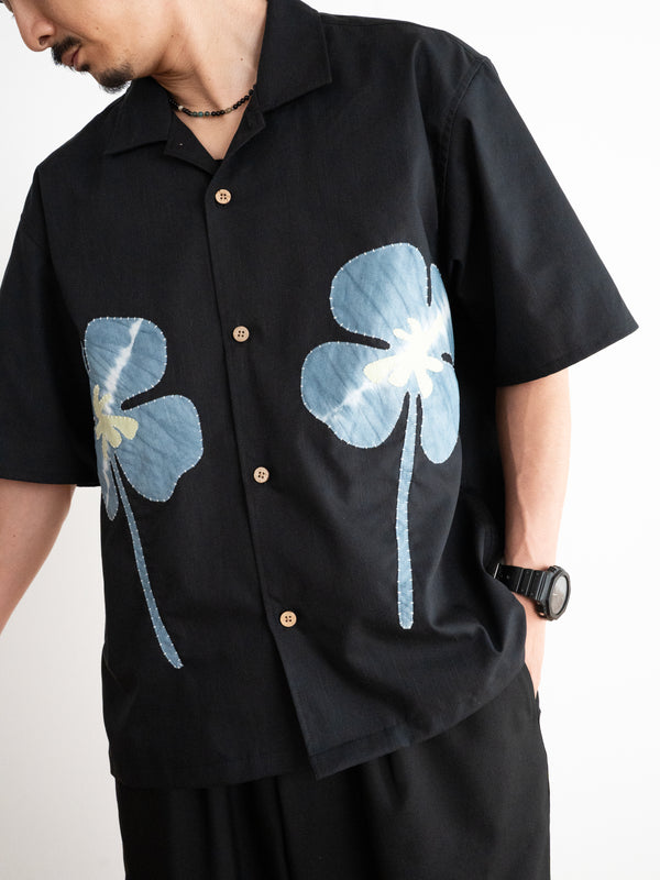 Hand-stitched Sashiko  Aloha Shirt with Clover Motif No.022