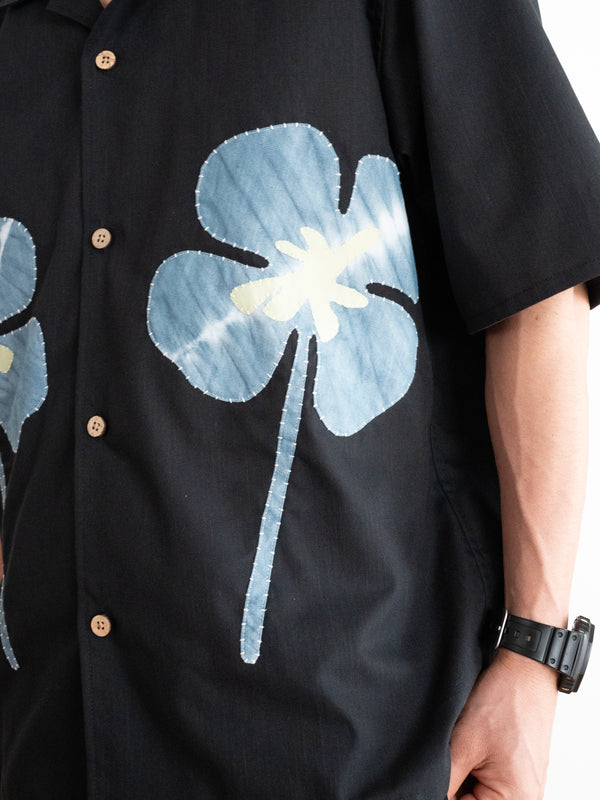 Hand-stitched Sashiko  Aloha Shirt with Clover Motif No.022