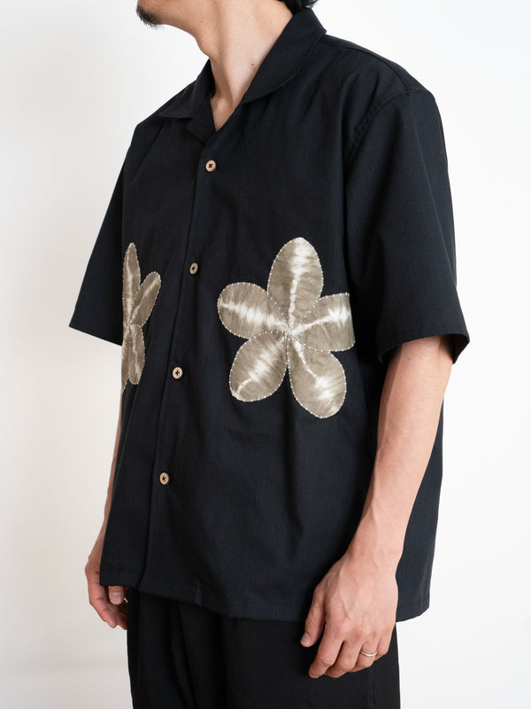 Hand-stitched Sashiko  Aloha Shirt with Plumeria Motif No.023