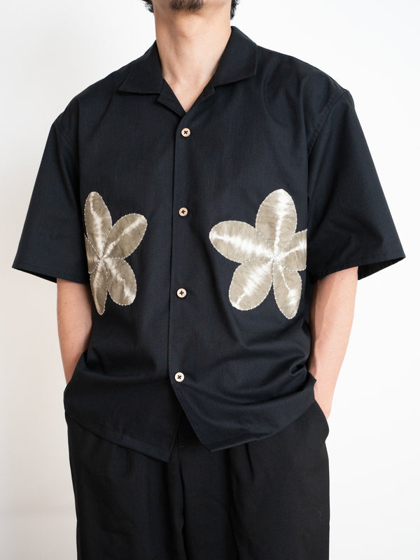 Hand-stitched Sashiko  Aloha Shirt with Plumeria Motif No.023