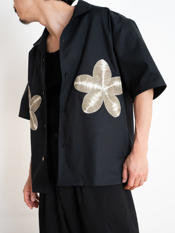 Hand-stitched Sashiko  Aloha Shirt with Plumeria Motif No.023