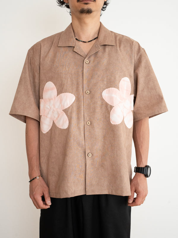 Hand-stitched Sashiko  Aloha Shirt with Plumeria Motif No.024