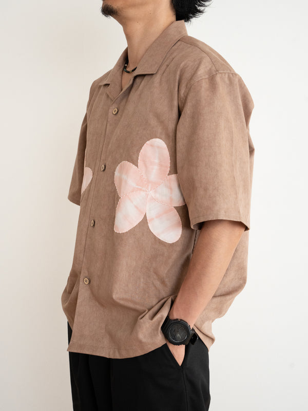 Hand-stitched Sashiko  Aloha Shirt with Plumeria Motif No.024