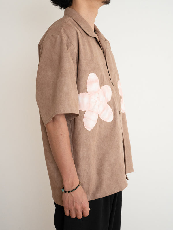Hand-stitched Sashiko  Aloha Shirt with Plumeria Motif No.024