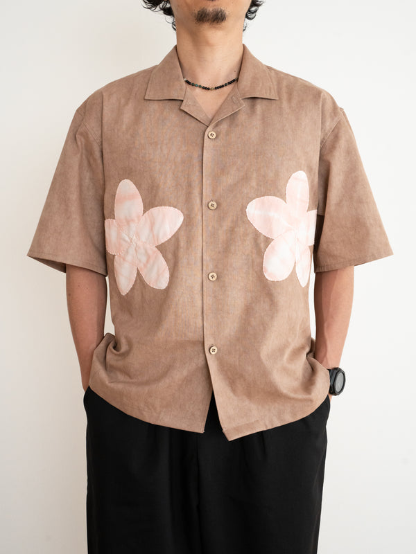 Hand-stitched Sashiko  Aloha Shirt with Plumeria Motif No.024