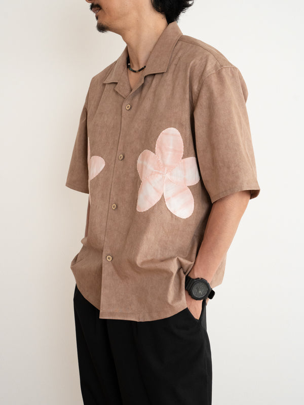 Hand-stitched Sashiko  Aloha Shirt with Plumeria Motif No.024