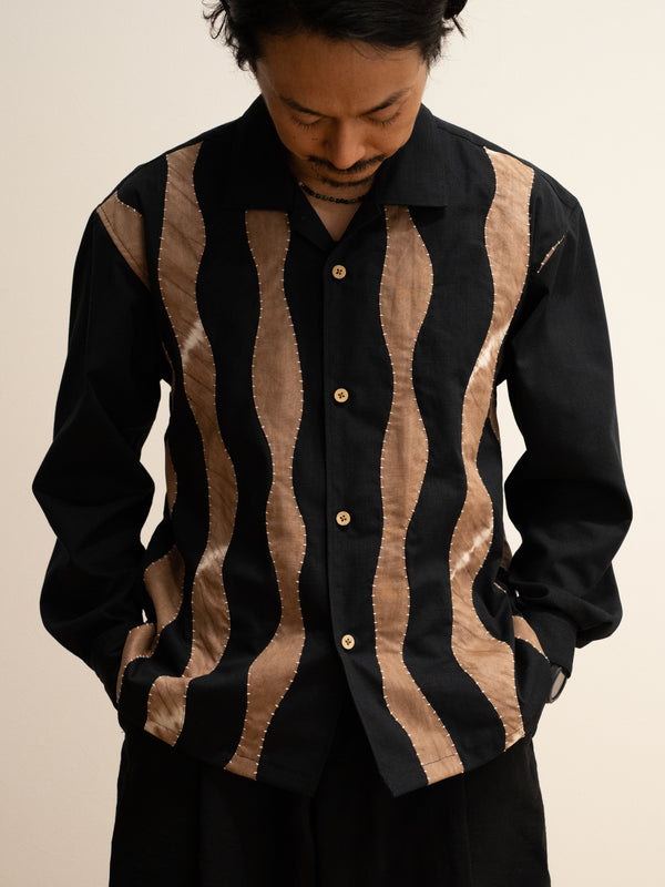 Hand-stitched Sashiko Shirt with Wave Motif No.026