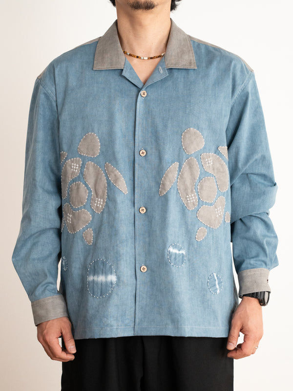 Hand-stitched Sashiko Shirt with Sea Turtle Motif No.027