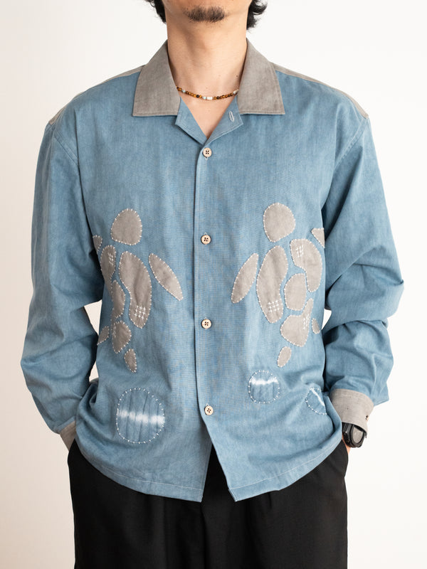 Hand-stitched Sashiko Shirt with Sea Turtle Motif No.027