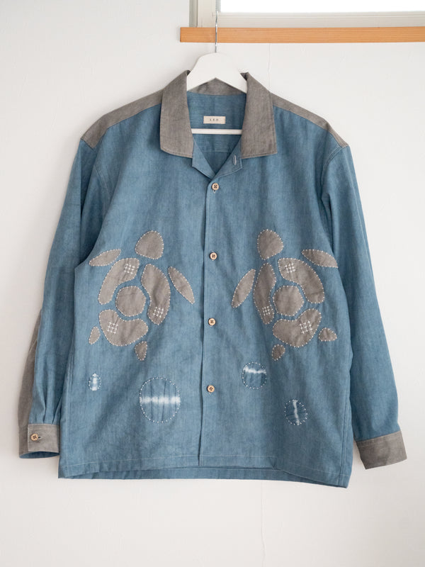 Hand-stitched Sashiko Shirt with Sea Turtle Motif No.027