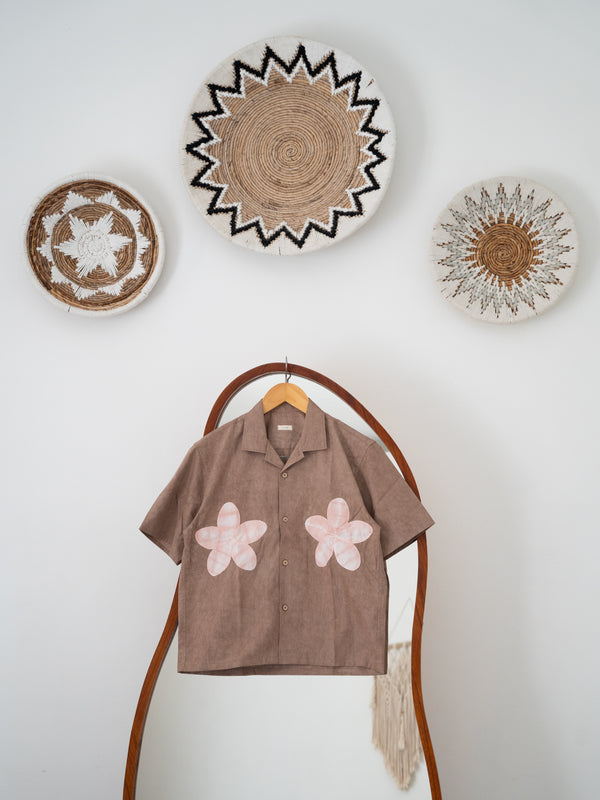 Hand-stitched Sashiko  Aloha Shirt with Plumeria Motif No.024