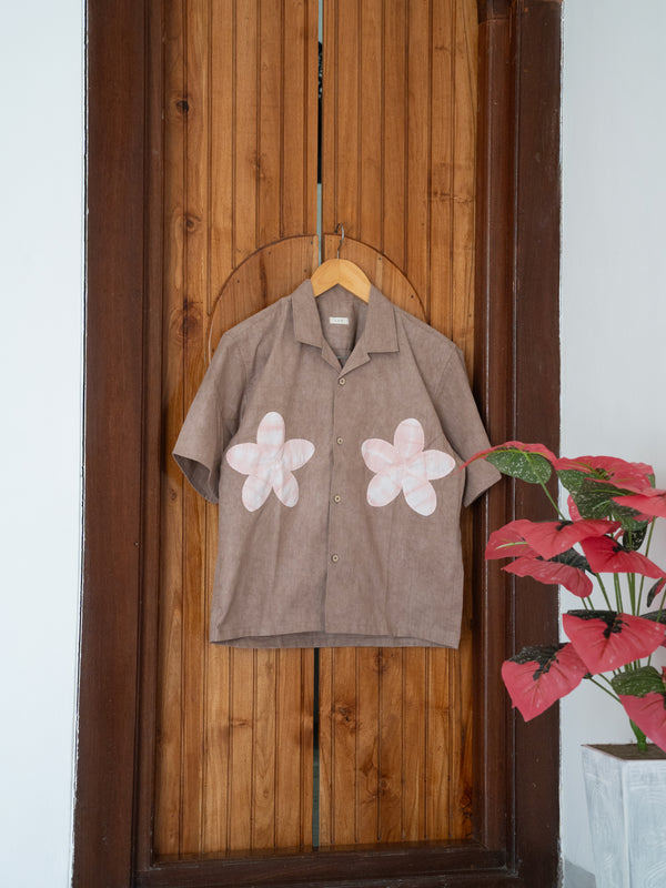 Hand-stitched Sashiko  Aloha Shirt with Plumeria Motif No.024