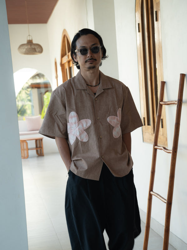 Hand-stitched Sashiko  Aloha Shirt with Plumeria Motif No.024