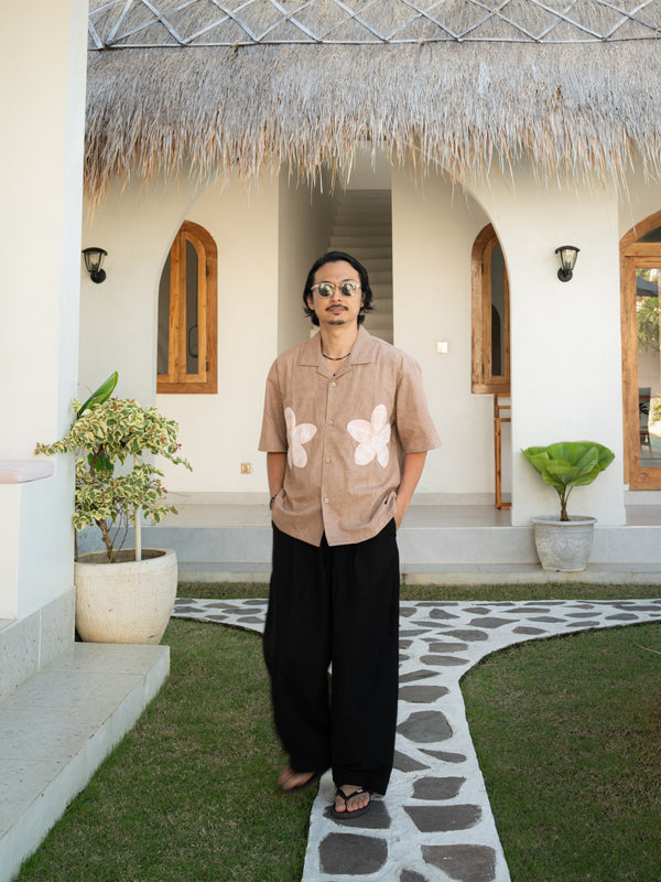 Hand-stitched Sashiko  Aloha Shirt with Plumeria Motif No.024