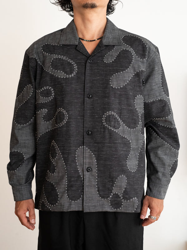 Hand-stitched Sashiko Shirt with Wave Motif No.030