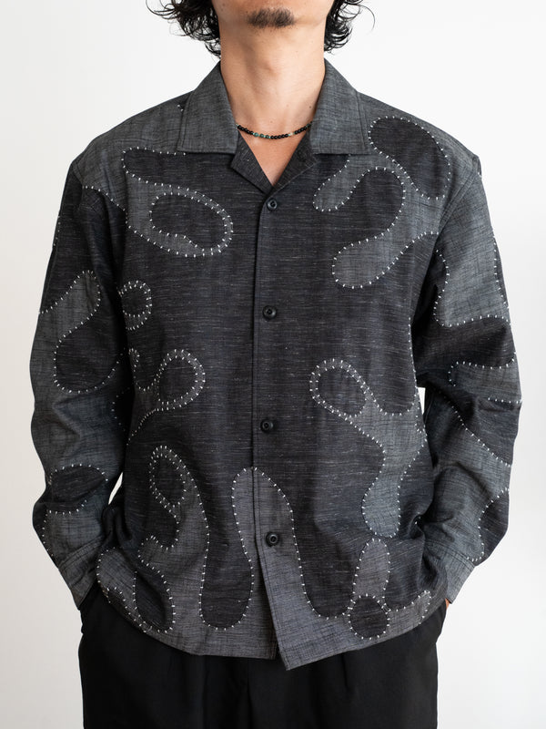 Hand-stitched Sashiko Shirt with Wave Motif No.030