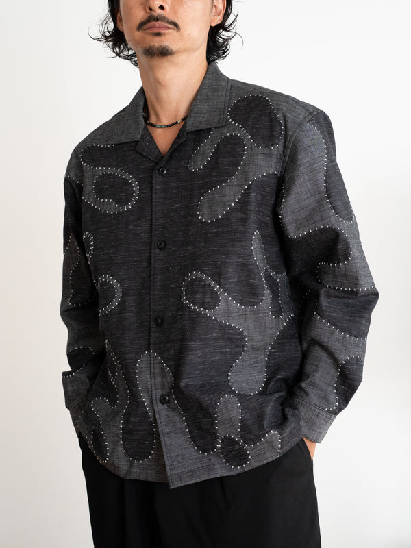 Hand-stitched Sashiko Shirt with Wave Motif No.030