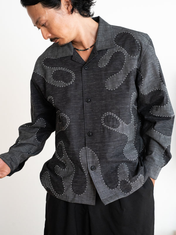 Hand-stitched Sashiko Shirt with Wave Motif No.030