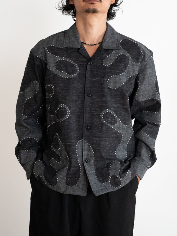 Hand-stitched Sashiko Shirt with Wave Motif No.030