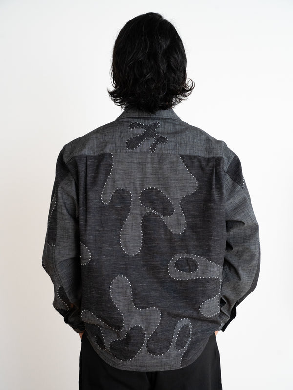 Hand-stitched Sashiko Shirt with Wave Motif No.030