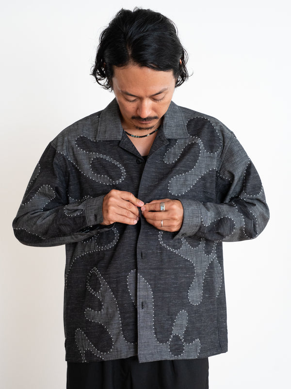 Hand-stitched Sashiko Shirt with Wave Motif No.030
