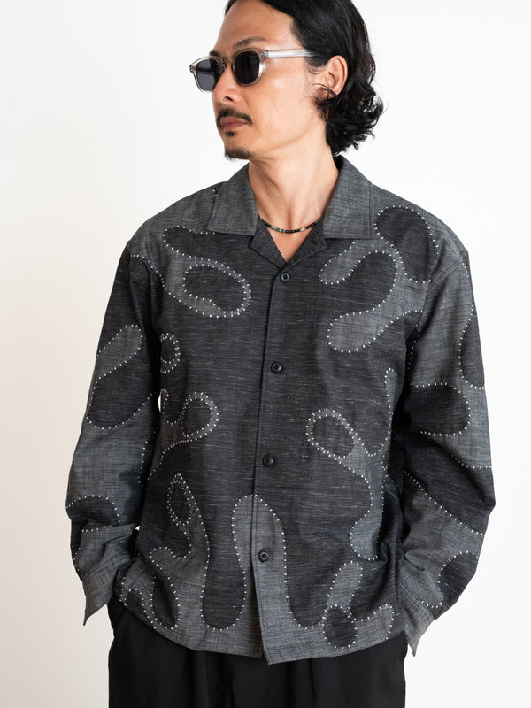 Hand-stitched Sashiko Shirt with Wave Motif No.030